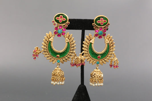 Lakshmi Carved Stone Kundan Jhumka - Green