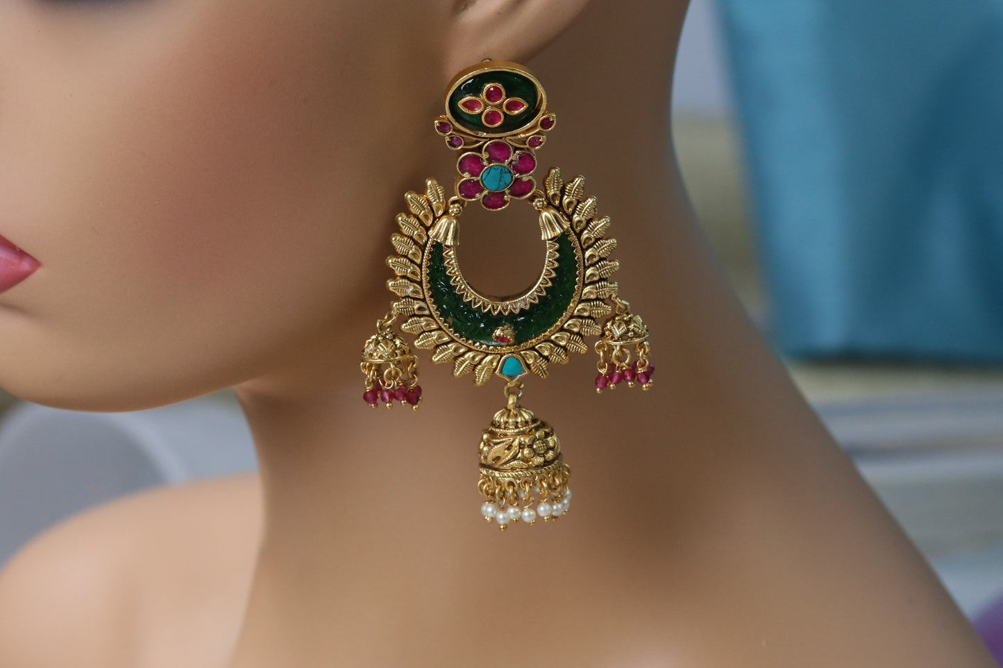 Lakshmi Carved Stone Kundan Jhumka - Green