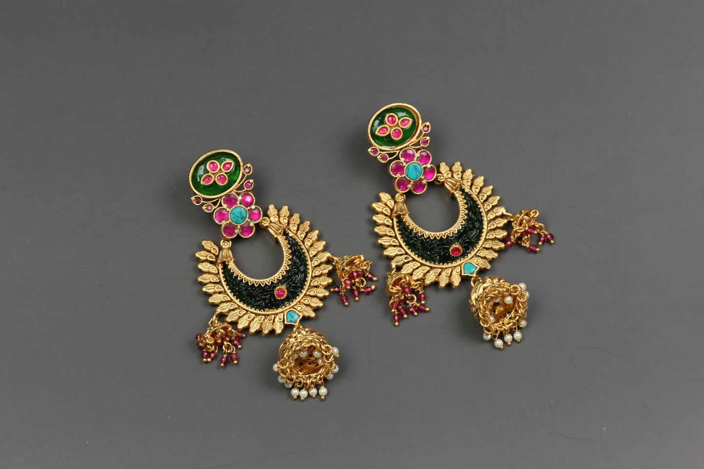 Lakshmi Carved Stone Kundan Jhumka - Green