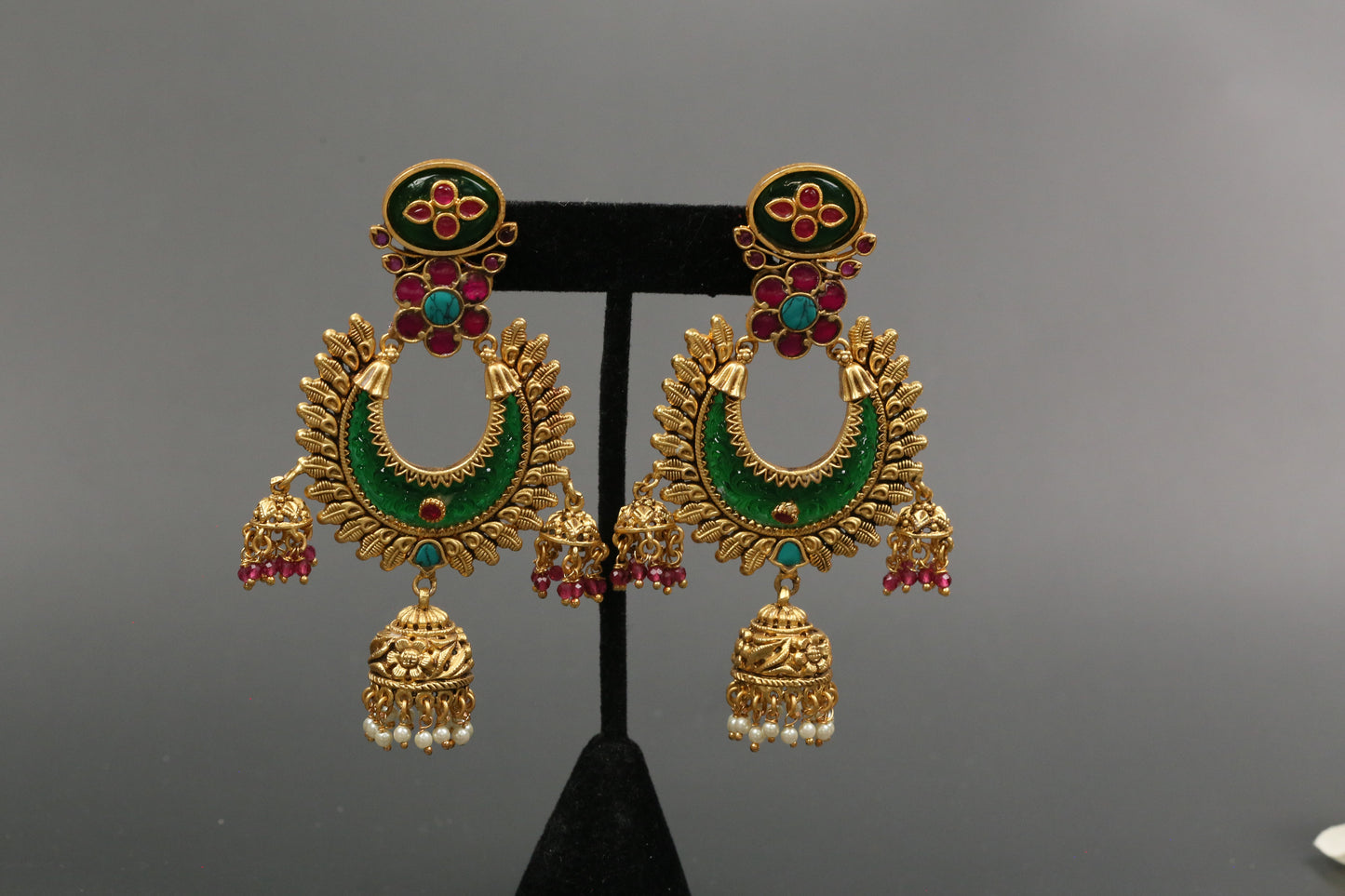Lakshmi Carved Stone Kundan Jhumka - Green