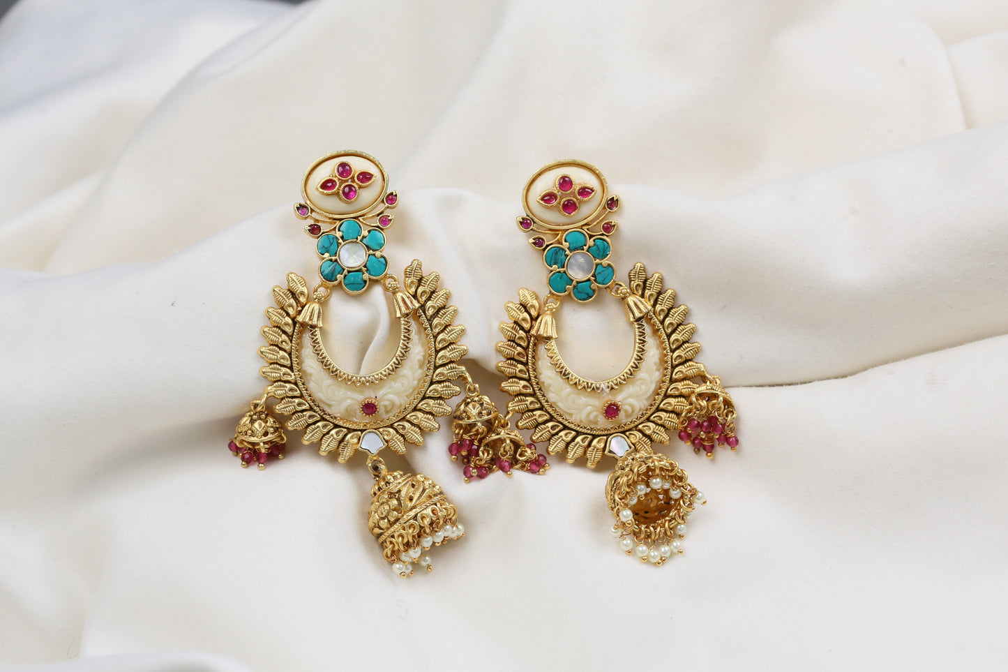 Lakshmi Carved Stone Kundan Jhumka - Ivory