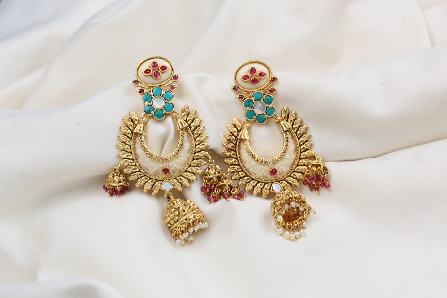 Lakshmi Carved Stone Kundan Jhumka - Ivory