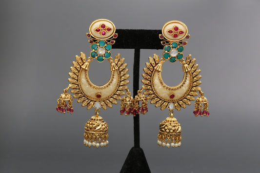 Lakshmi Carved Stone Kundan Jhumka - Ivory