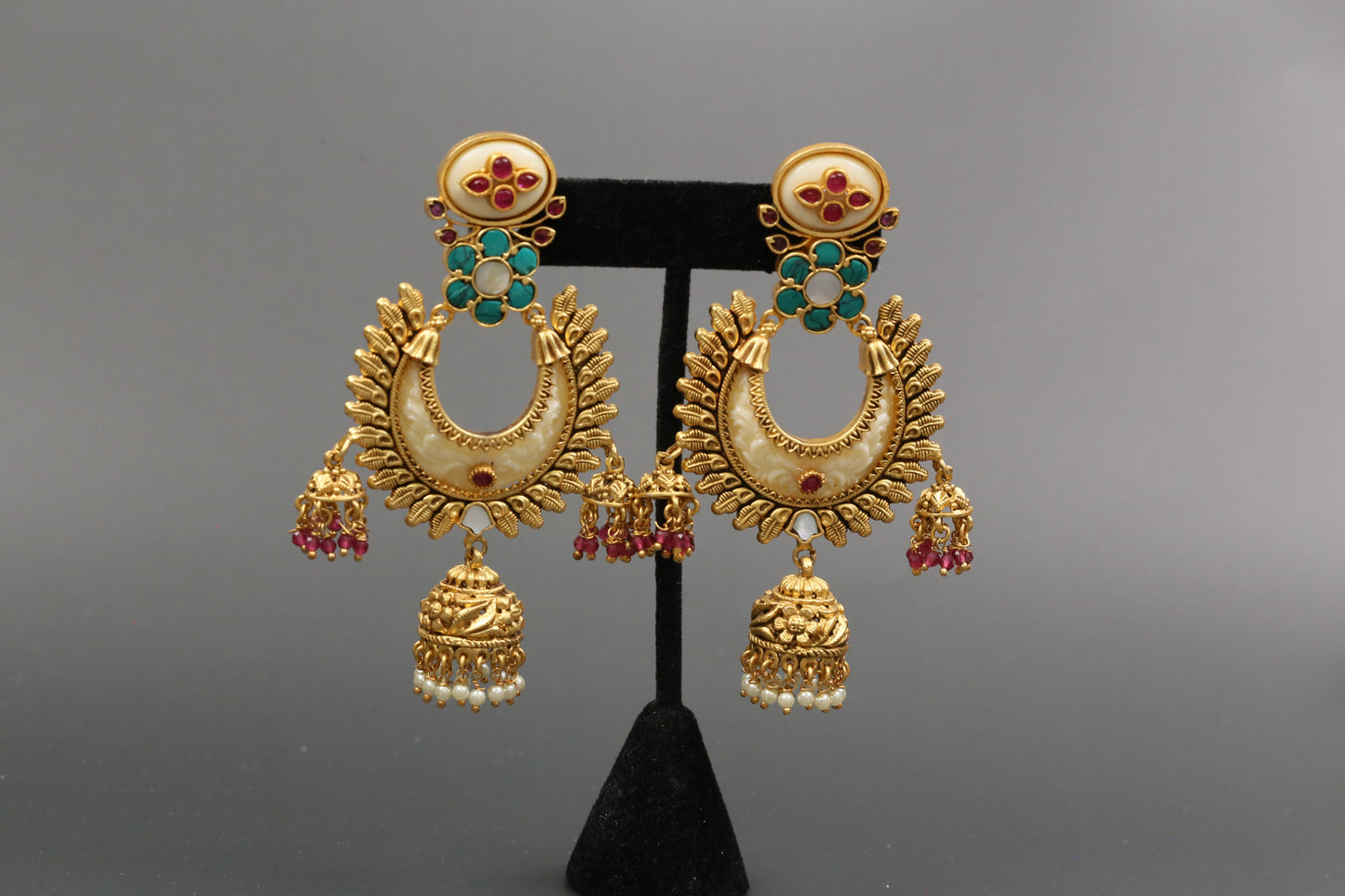 Lakshmi Carved Stone Kundan Jhumka - Ivory