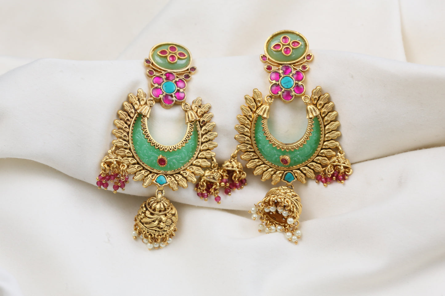 Lakshmi Carved Stone Kundan Jhumka -Mint Ruby