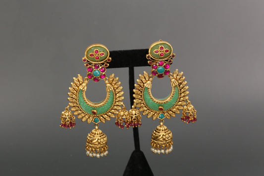 Lakshmi Carved Stone Kundan Jhumka -Mint Ruby