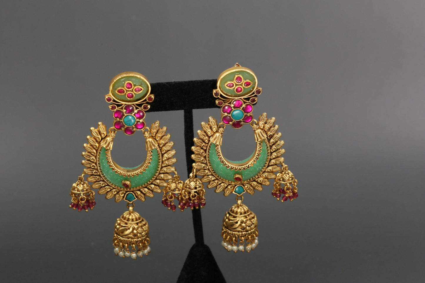 Lakshmi Carved Stone Kundan Jhumka -Mint Ruby