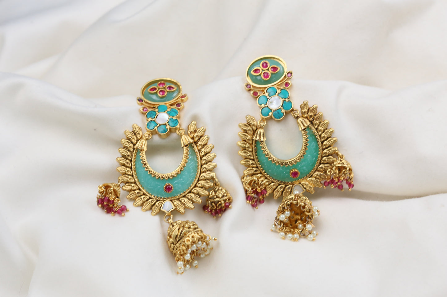 Lakshmi Carved Stone Kundan Jhumka -Mint Turquoise