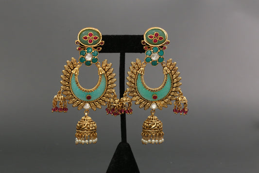 Lakshmi Carved Stone Kundan Jhumka -Mint Turquoise