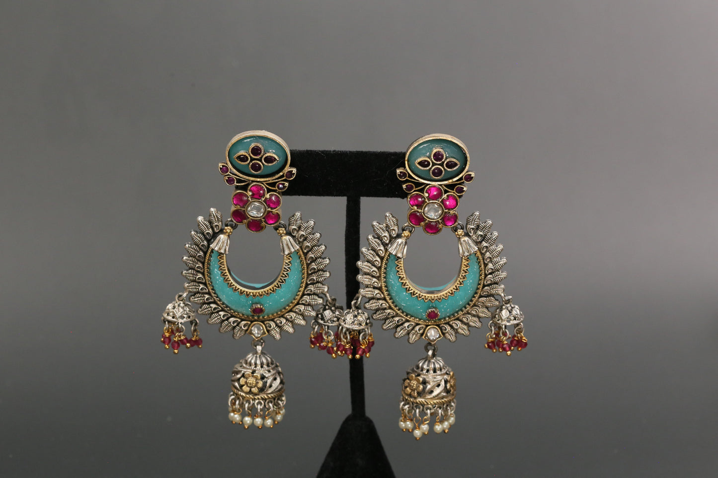 Oxidized Lakshmi Carved Stone Kundan Jhumka - Mint