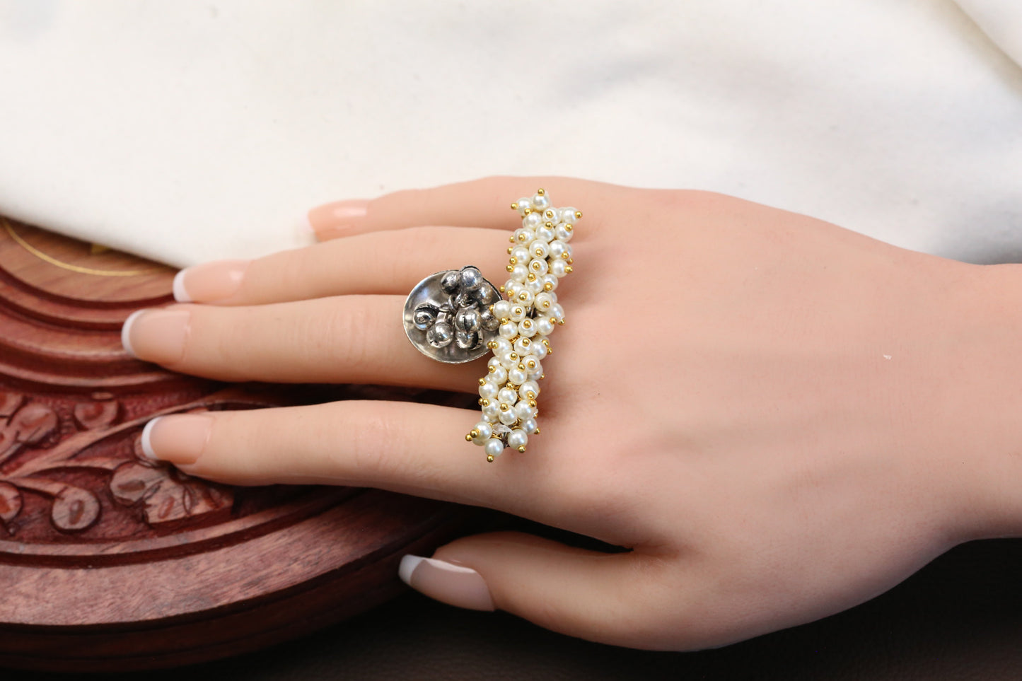 Oxidized Pearl Ghungroo Adjustable Ring