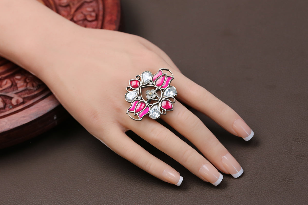 Large Silver Finish Jadau Rings (Adjustable) - Design 4