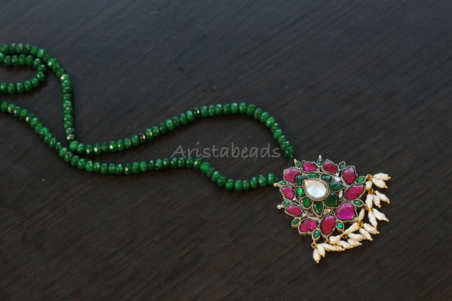 Dual Tone Jadau Necklace Green Onyx Mala (103-97)