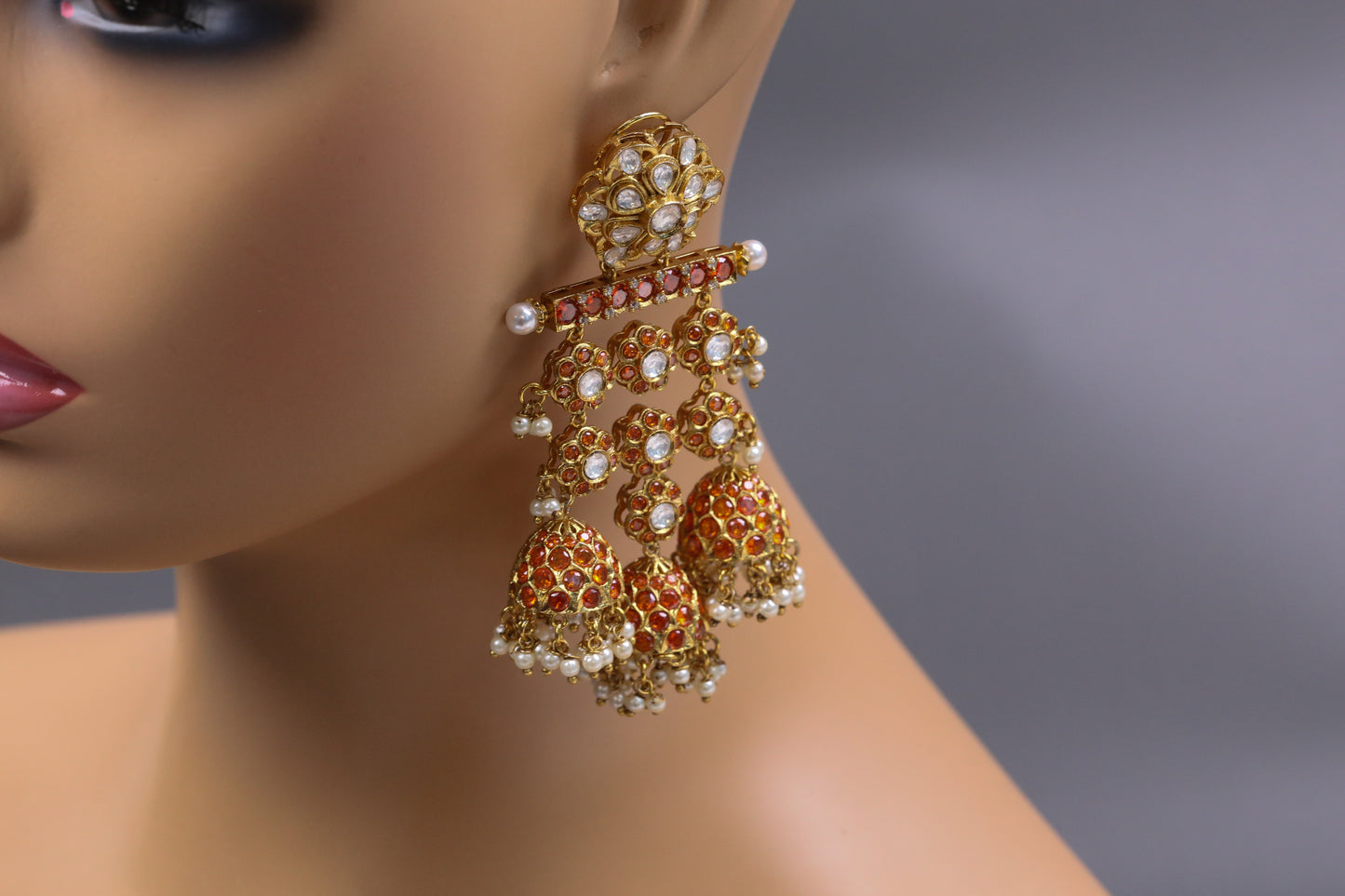 Large Kundan CZ Jhumka - Orange