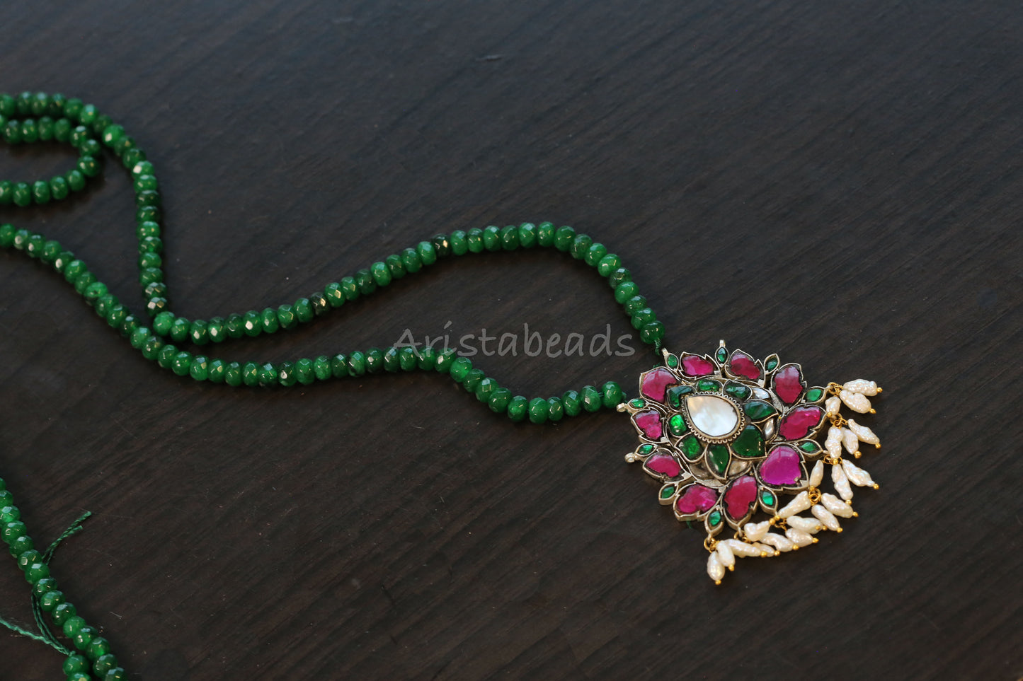 Dual Tone Jadau Necklace Green Onyx Mala (103-97)