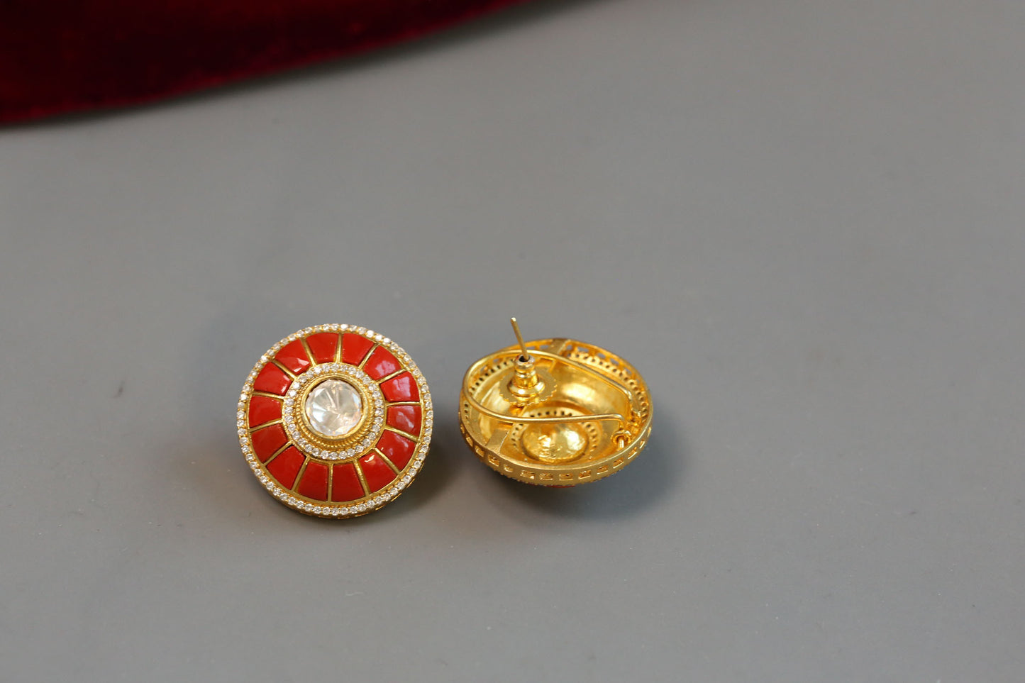 Coral & Moissanite Polki Studs