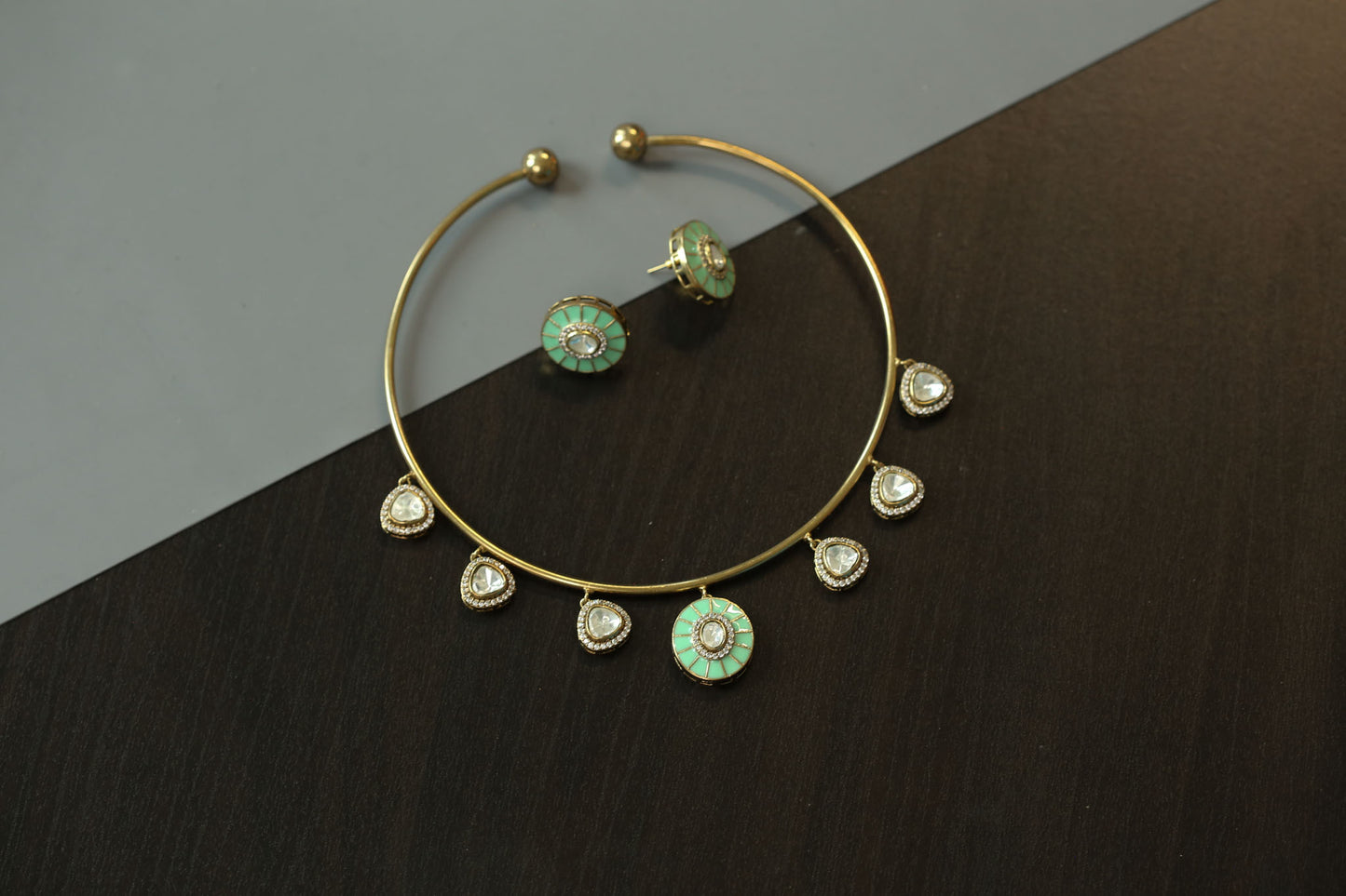 Enamel Polki Kundan Hasli Set - Mint