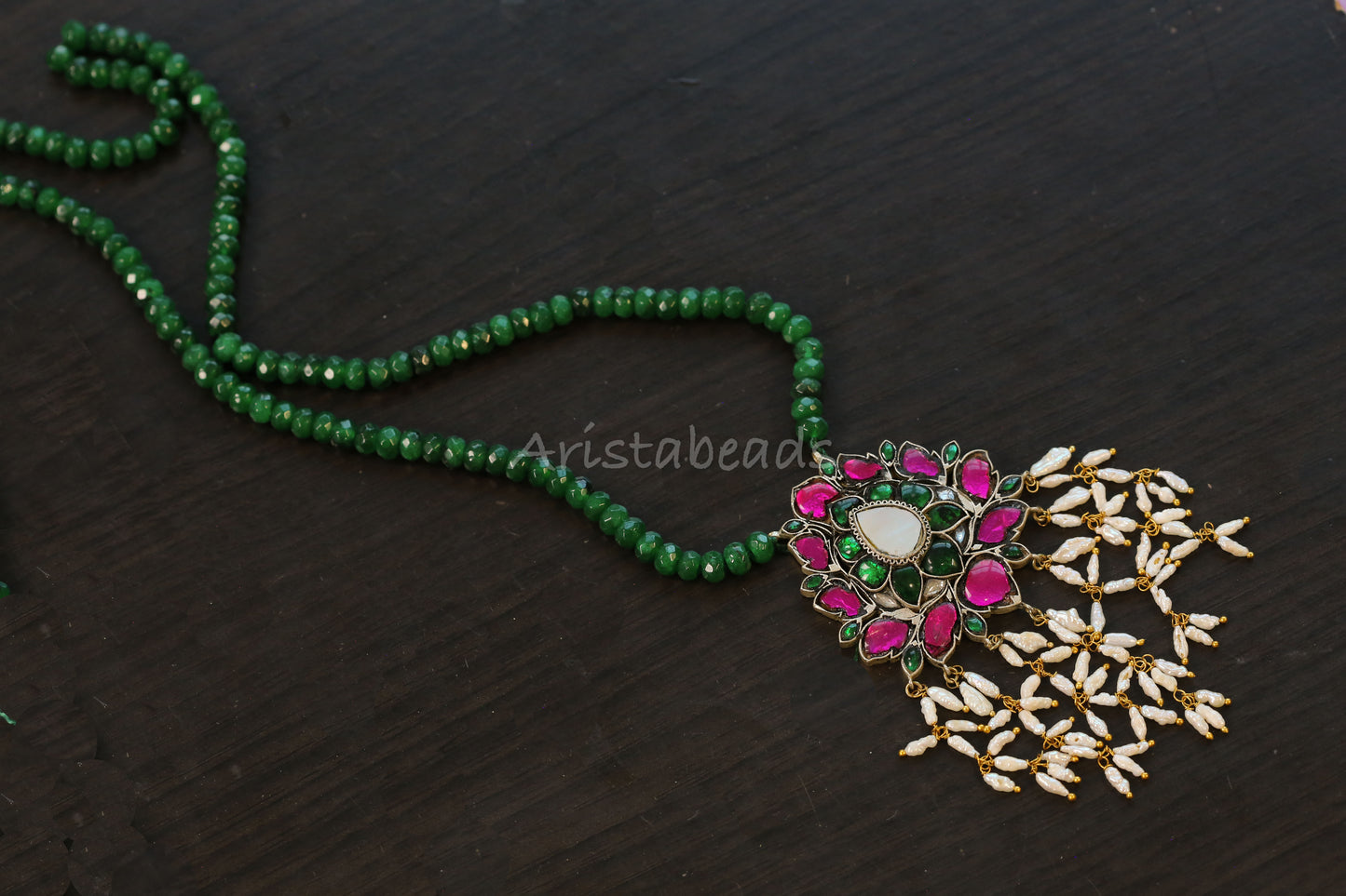 Real Pearls Jadau Necklace Green Onyx Mala (103-98)