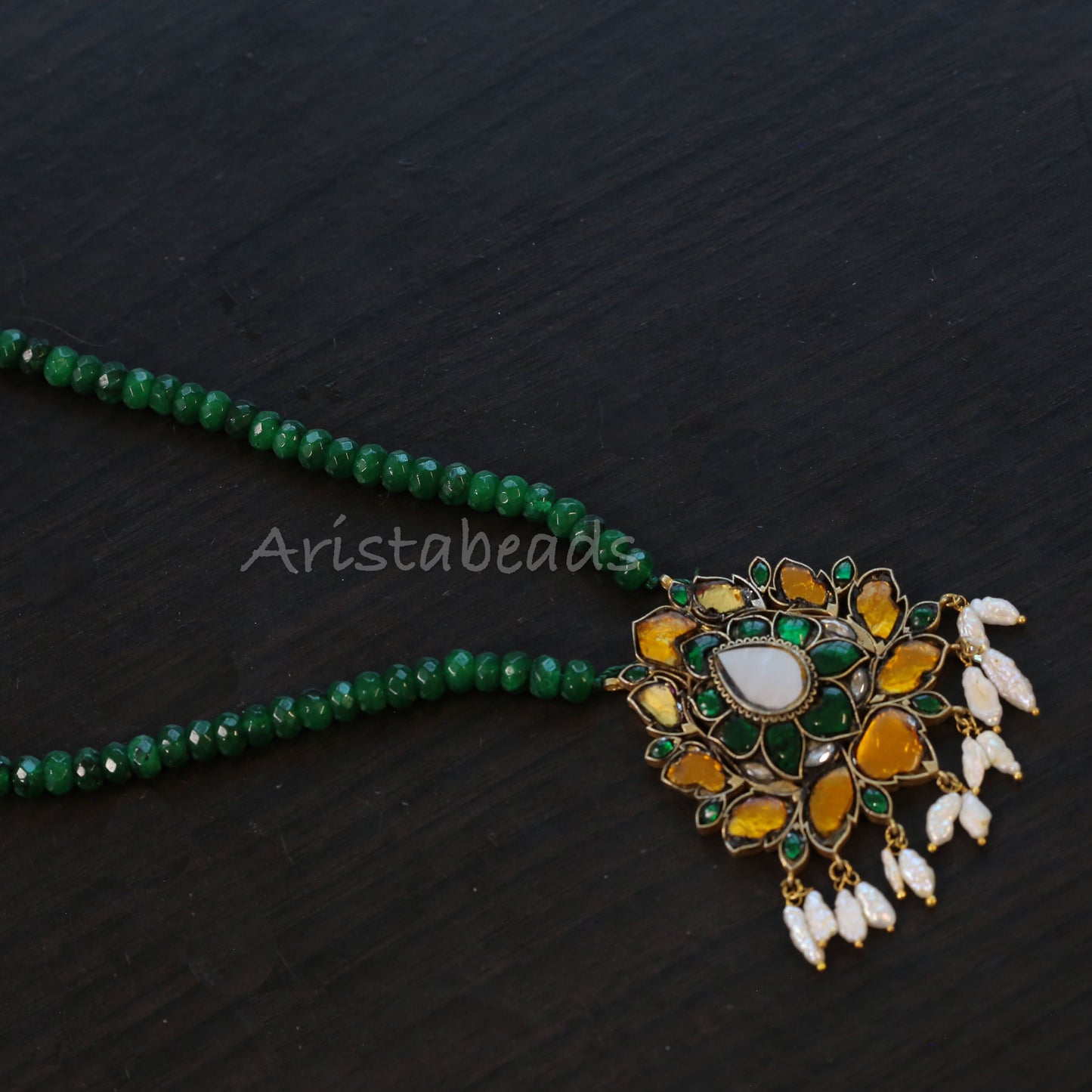 Real Pearls Yellow Jadau Necklace Green Onyx Mala (103-99)