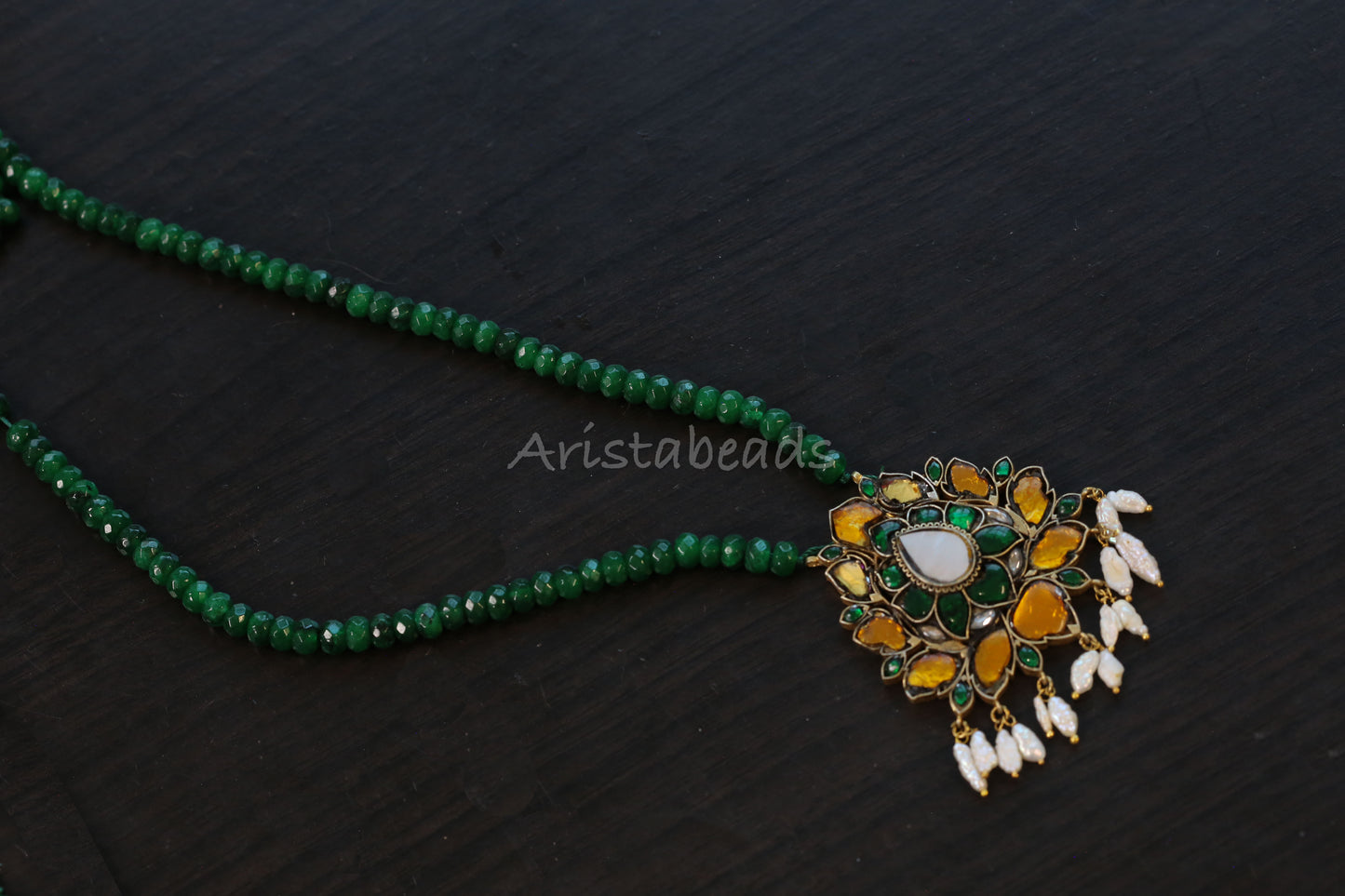 Real Pearls Yellow Jadau Necklace Green Onyx Mala (103-99)