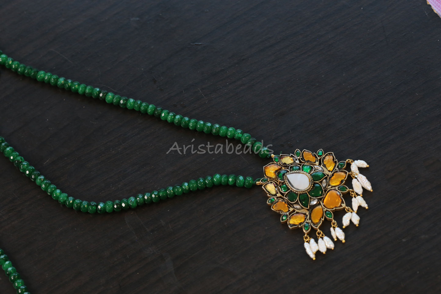 Real Pearls Yellow Jadau Necklace Green Onyx Mala (103-99)