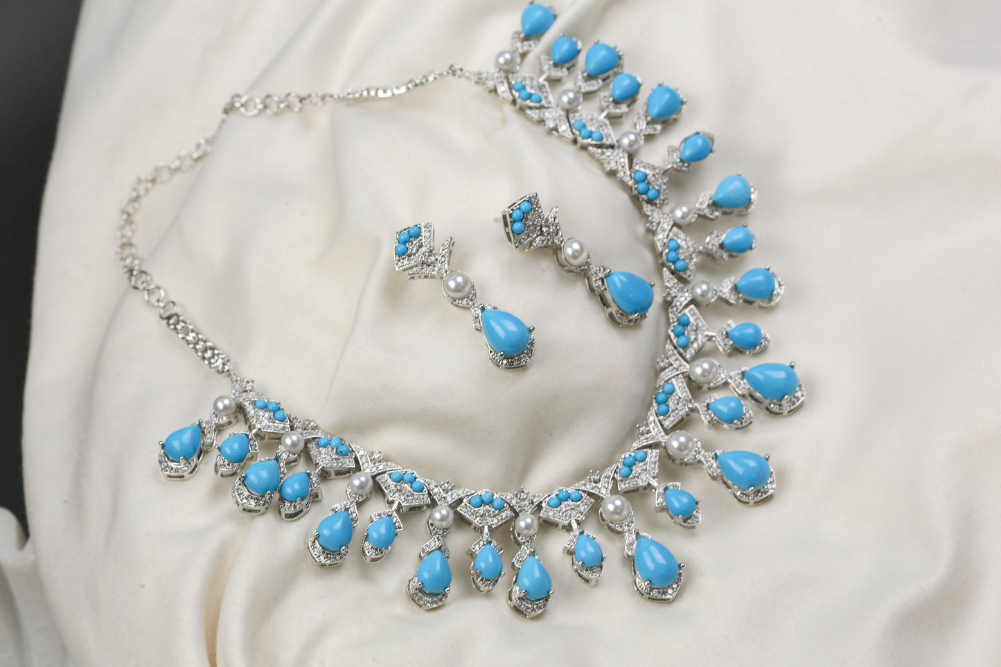 Dia Turquoise Stones, Pearls & CZ Necklace Set