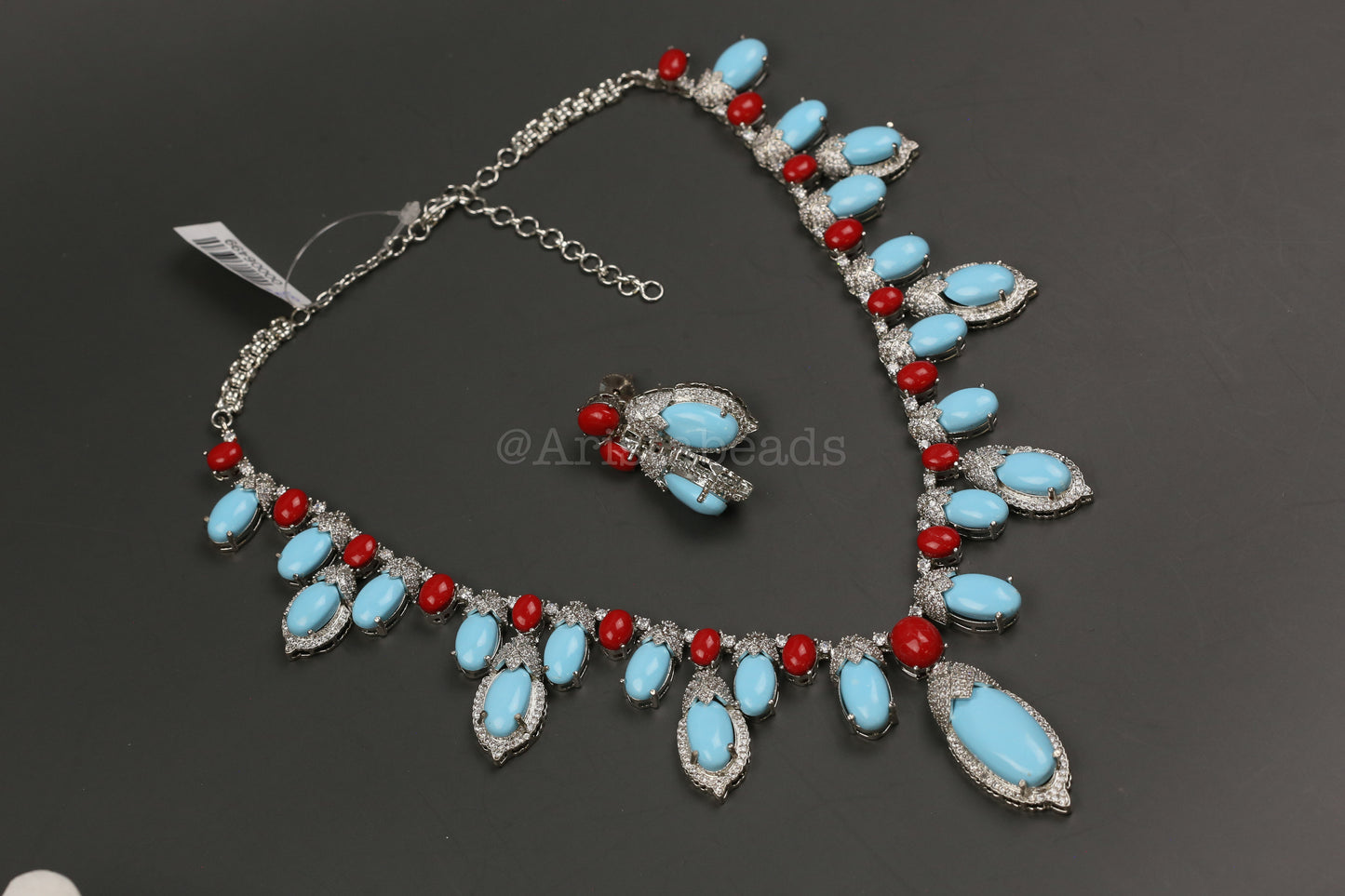 Dia Turquoise, Coral & CZ Necklace Set