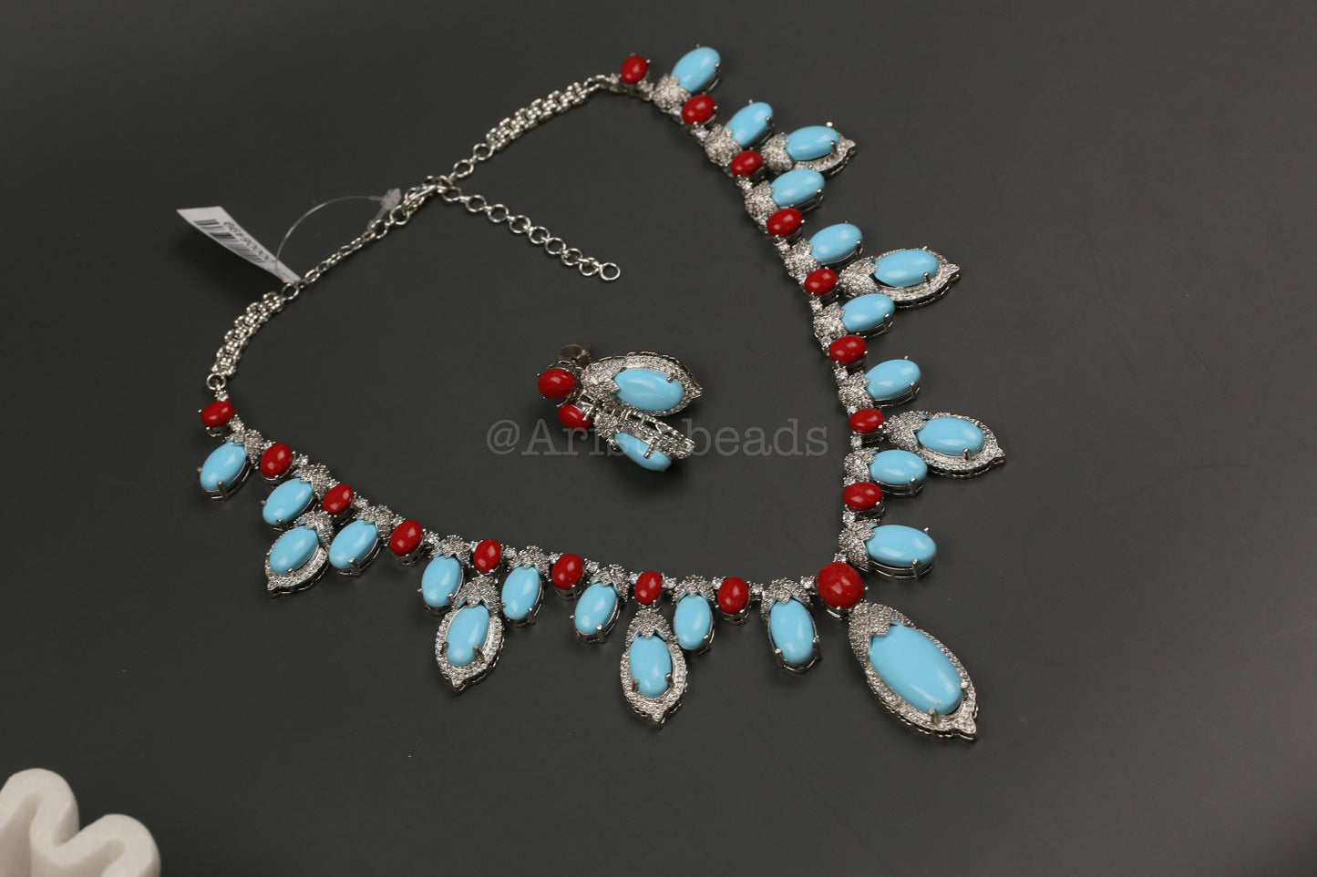 Dia Turquoise, Coral & CZ Necklace Set