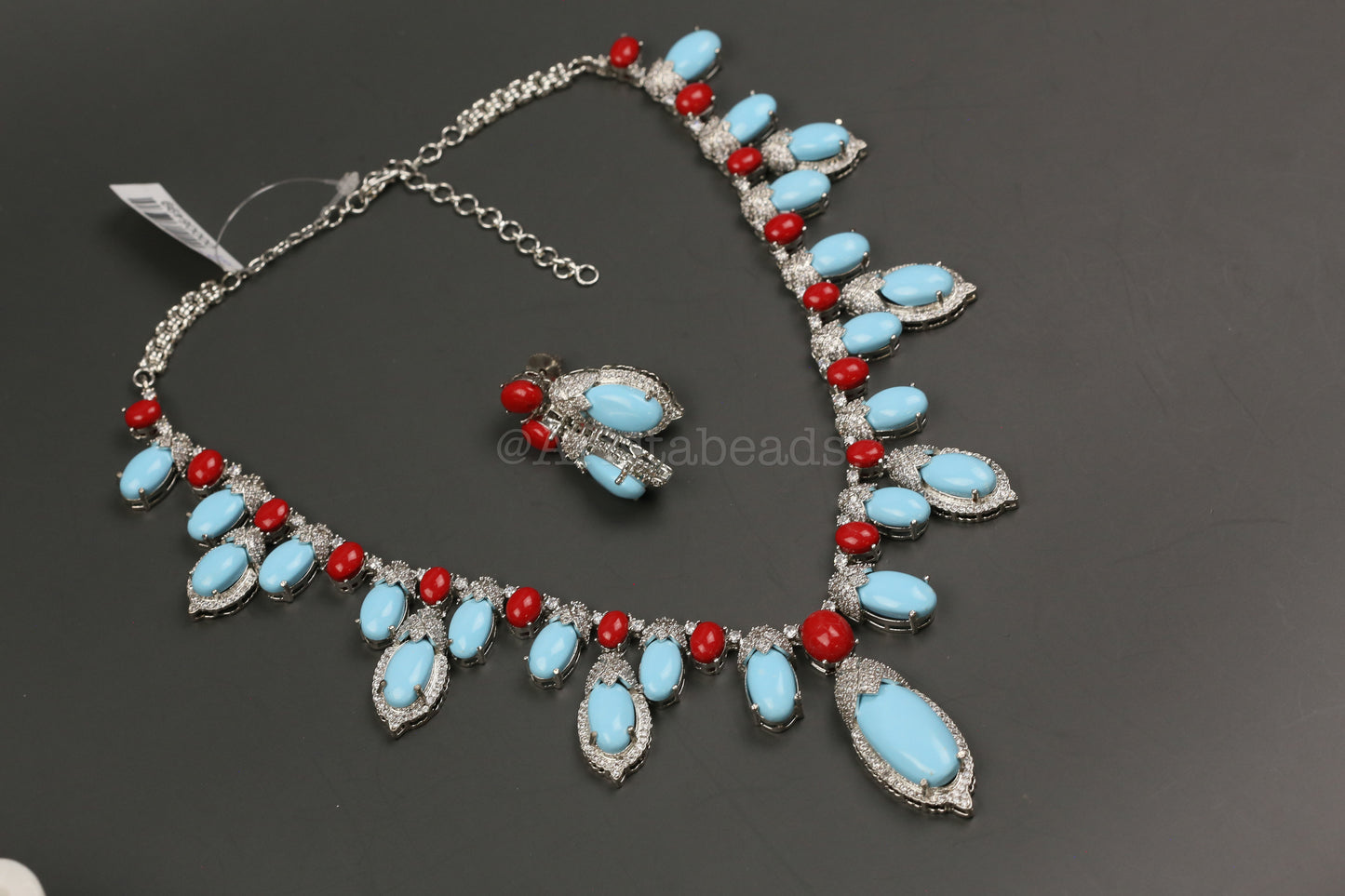 Dia Turquoise, Coral & CZ Necklace Set