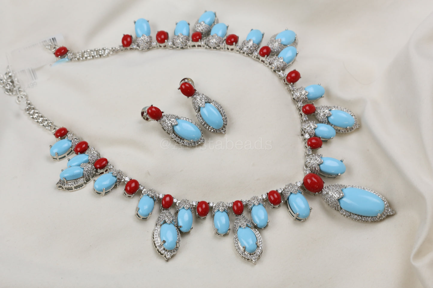 Dia Turquoise, Coral & CZ Necklace Set