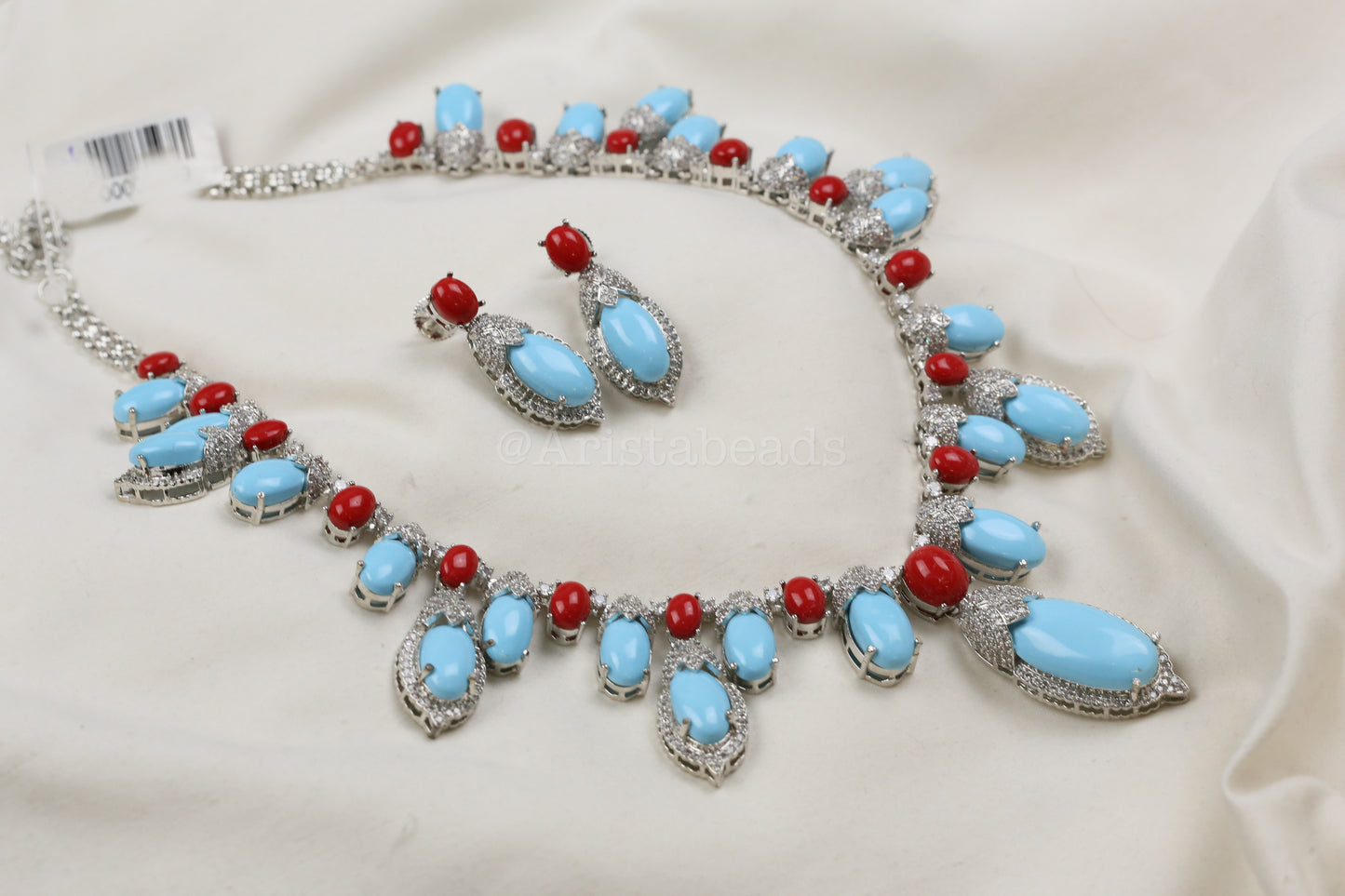 Dia Turquoise, Coral & CZ Necklace Set