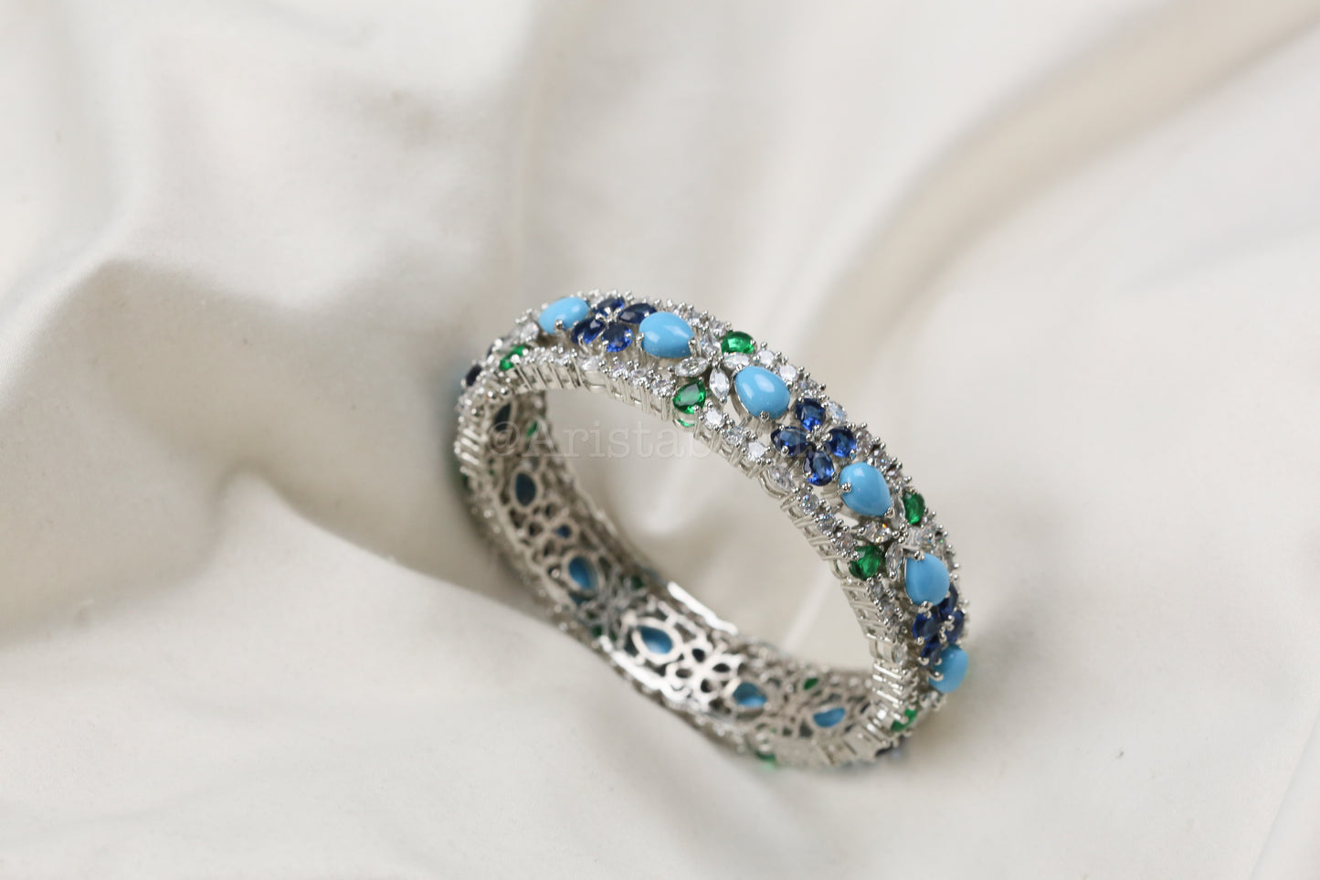 Dia Turquoise Stones, CZ Stones Bangle Set (2.6 Openable)