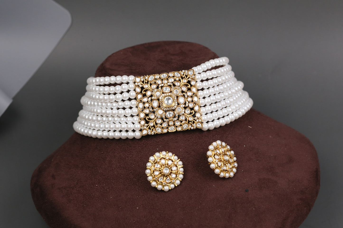 Alia Pearl Kundan & CZ Choker Necklace Set