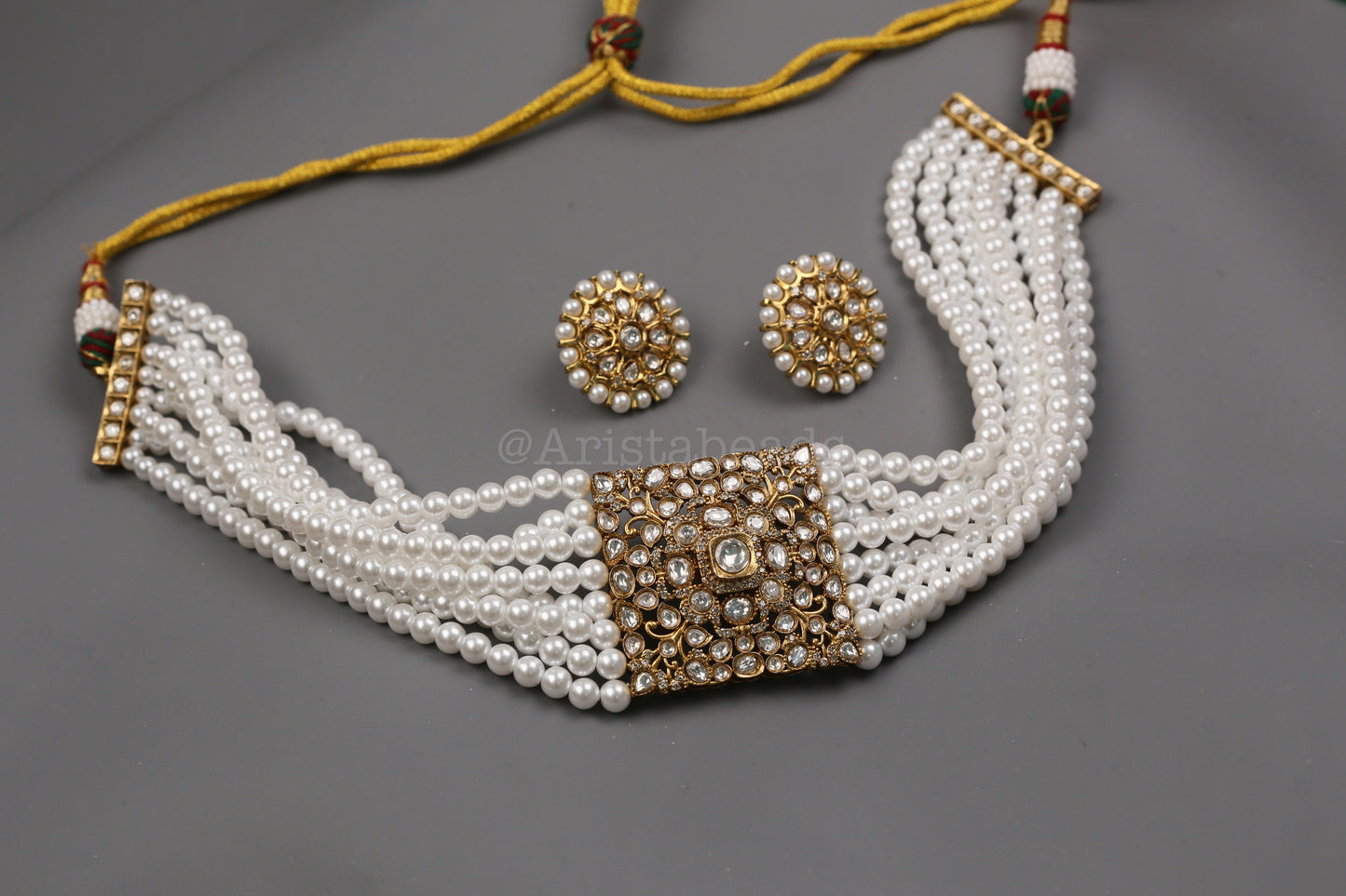 Alia Pearl Kundan & CZ Choker Necklace Set