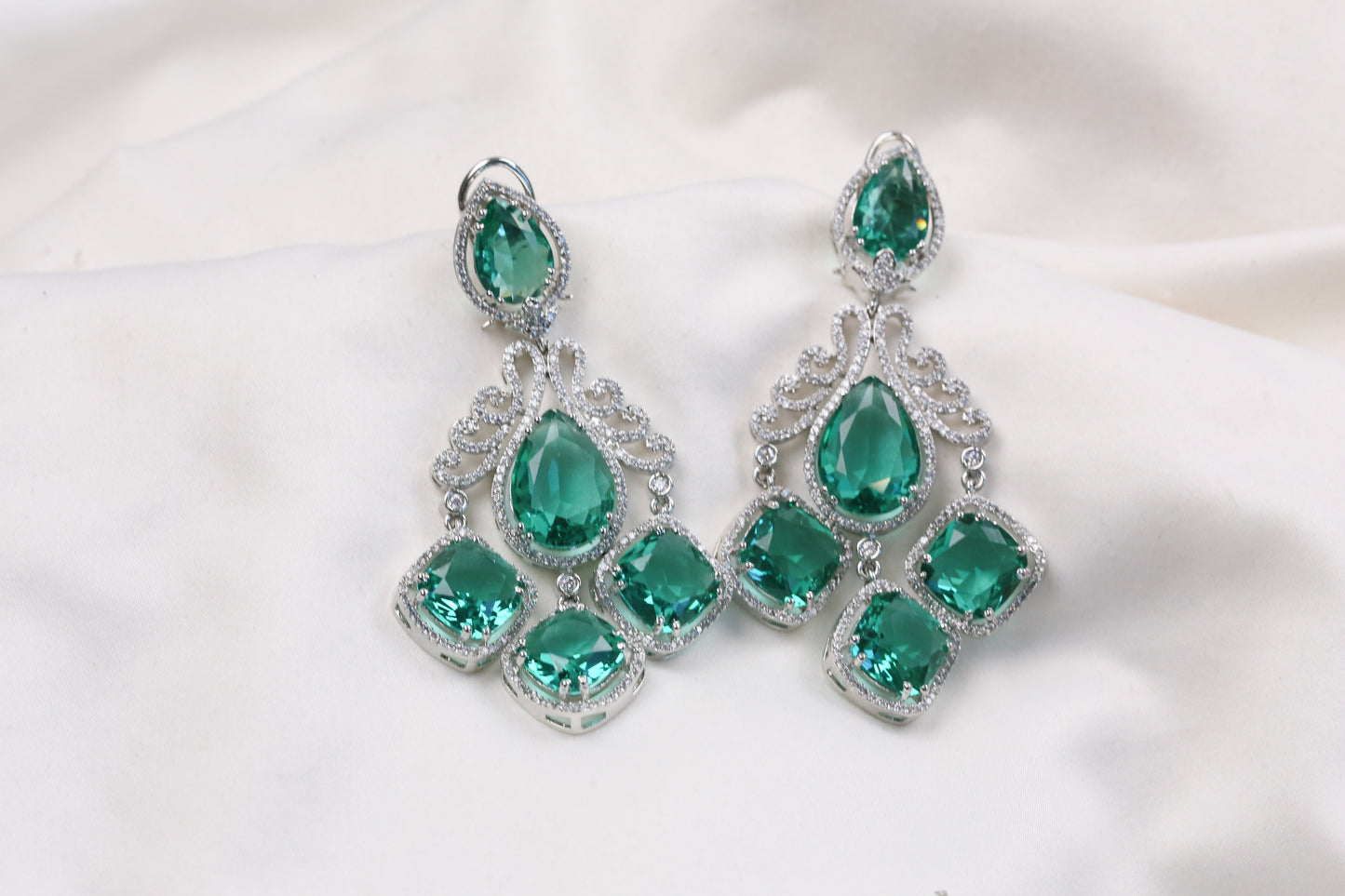 Tisha Silver Finish CZ Earrings - Sea Green
