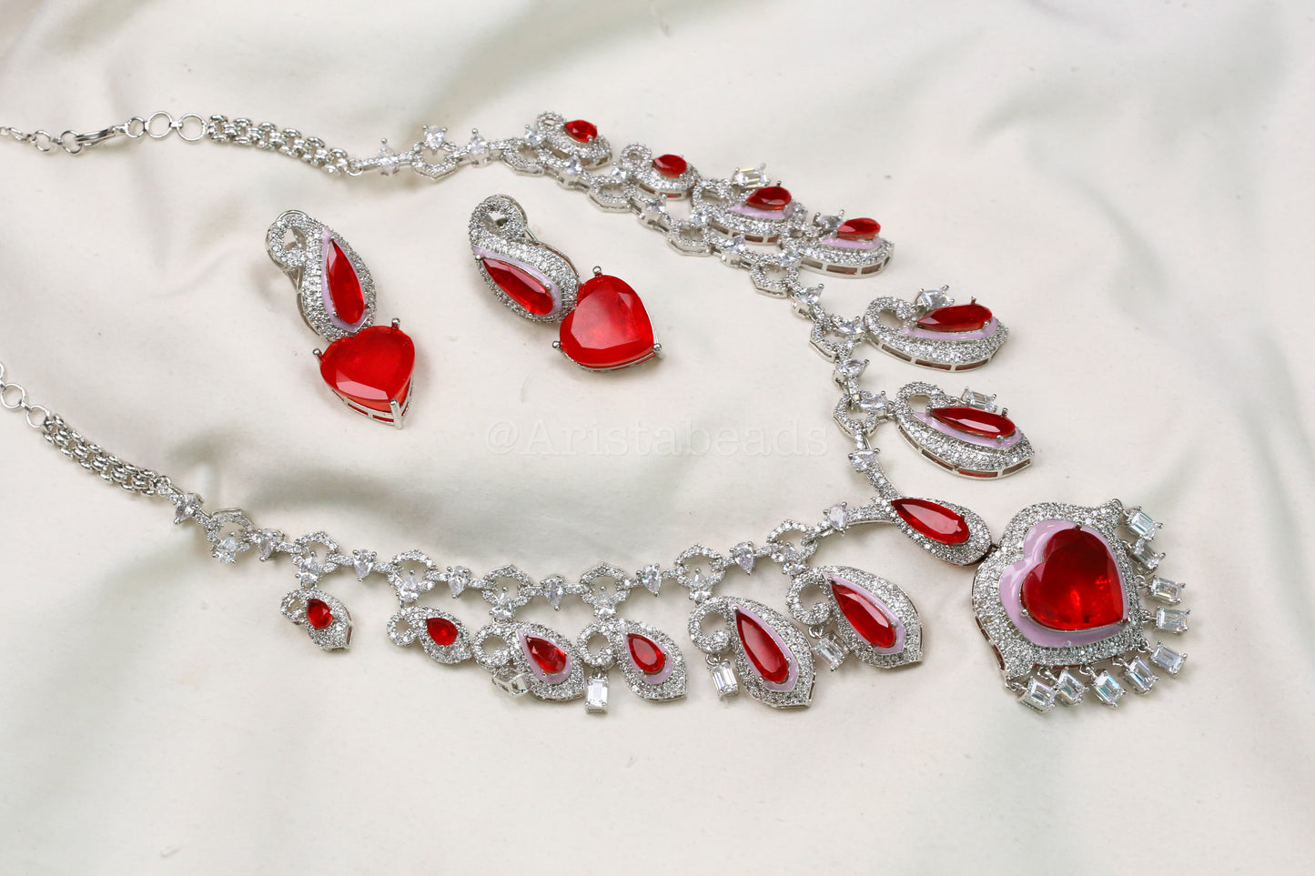 Paisley's & Heart Red Emerald Doublet & CZ Necklace Set