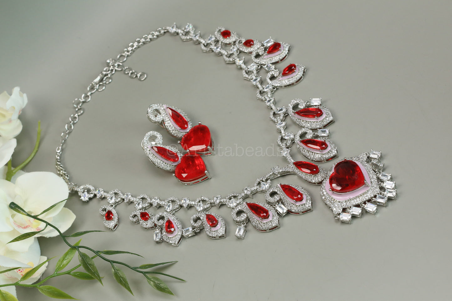 Paisley's & Heart Red Emerald Doublet & CZ Necklace Set
