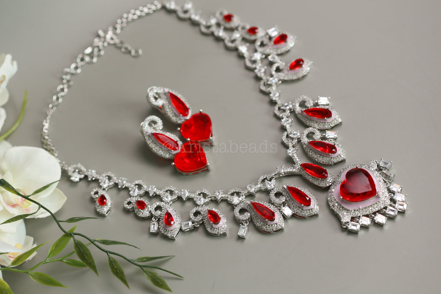 Paisley's & Heart Red Emerald Doublet & CZ Necklace Set