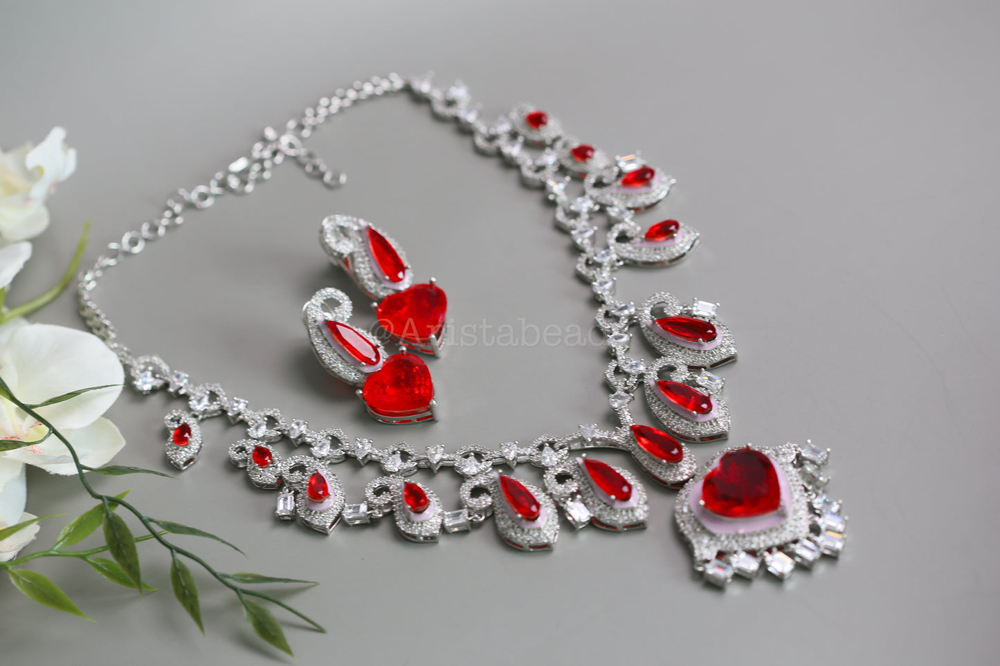 Paisley's & Heart Red Emerald Doublet & CZ Necklace Set
