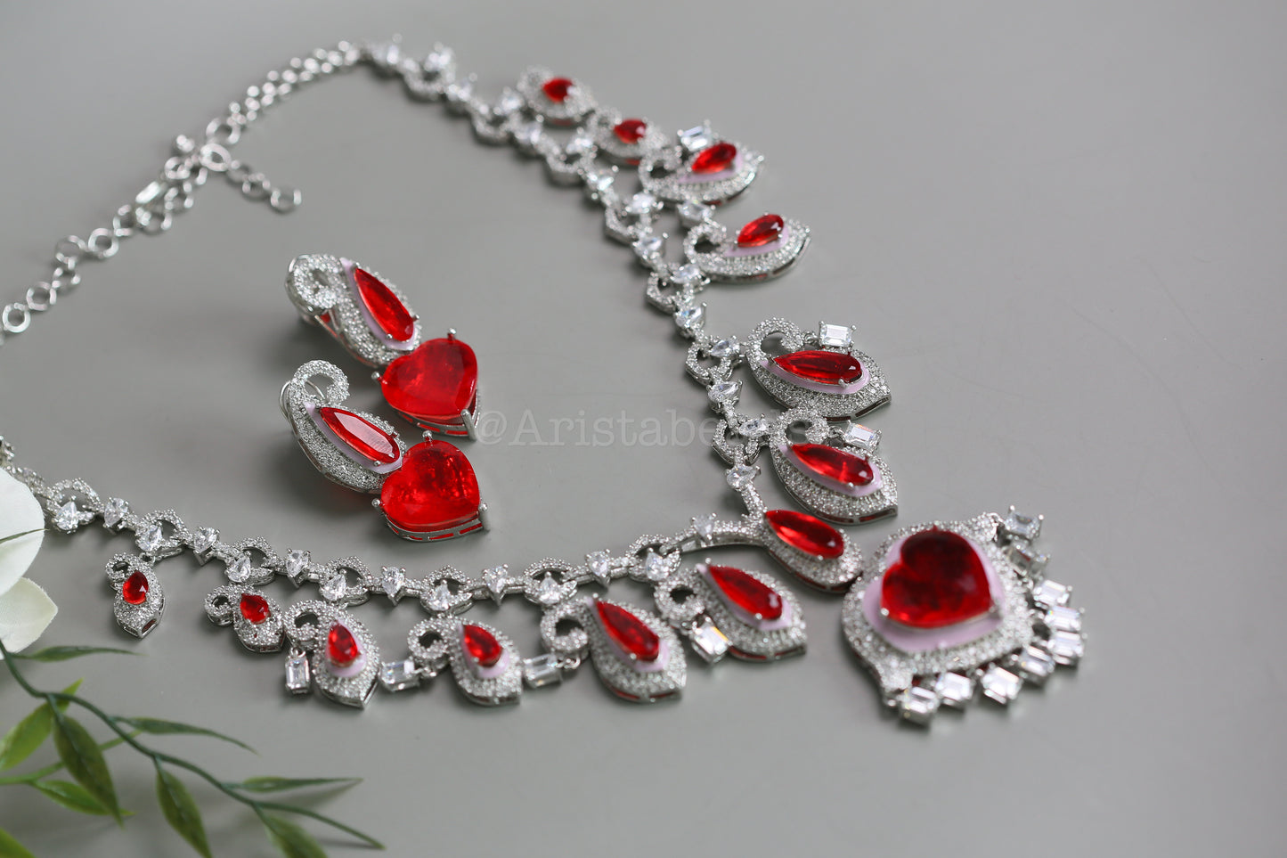 Paisley's & Heart Red Emerald Doublet & CZ Necklace Set