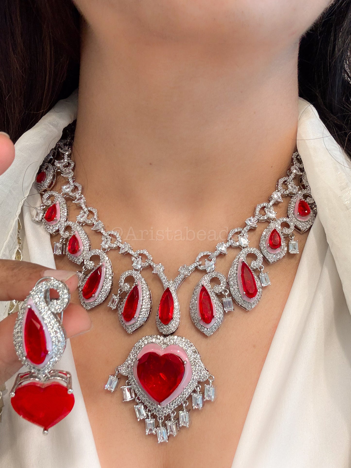Paisley's & Heart Red Emerald Doublet & CZ Necklace Set