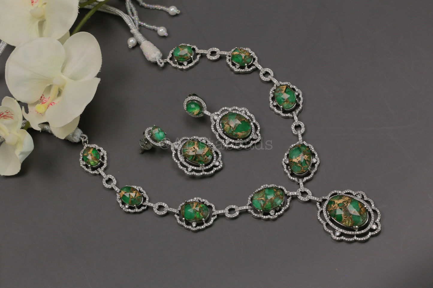 Amreen CZ & Mosaic Green Doublet Necklace Set