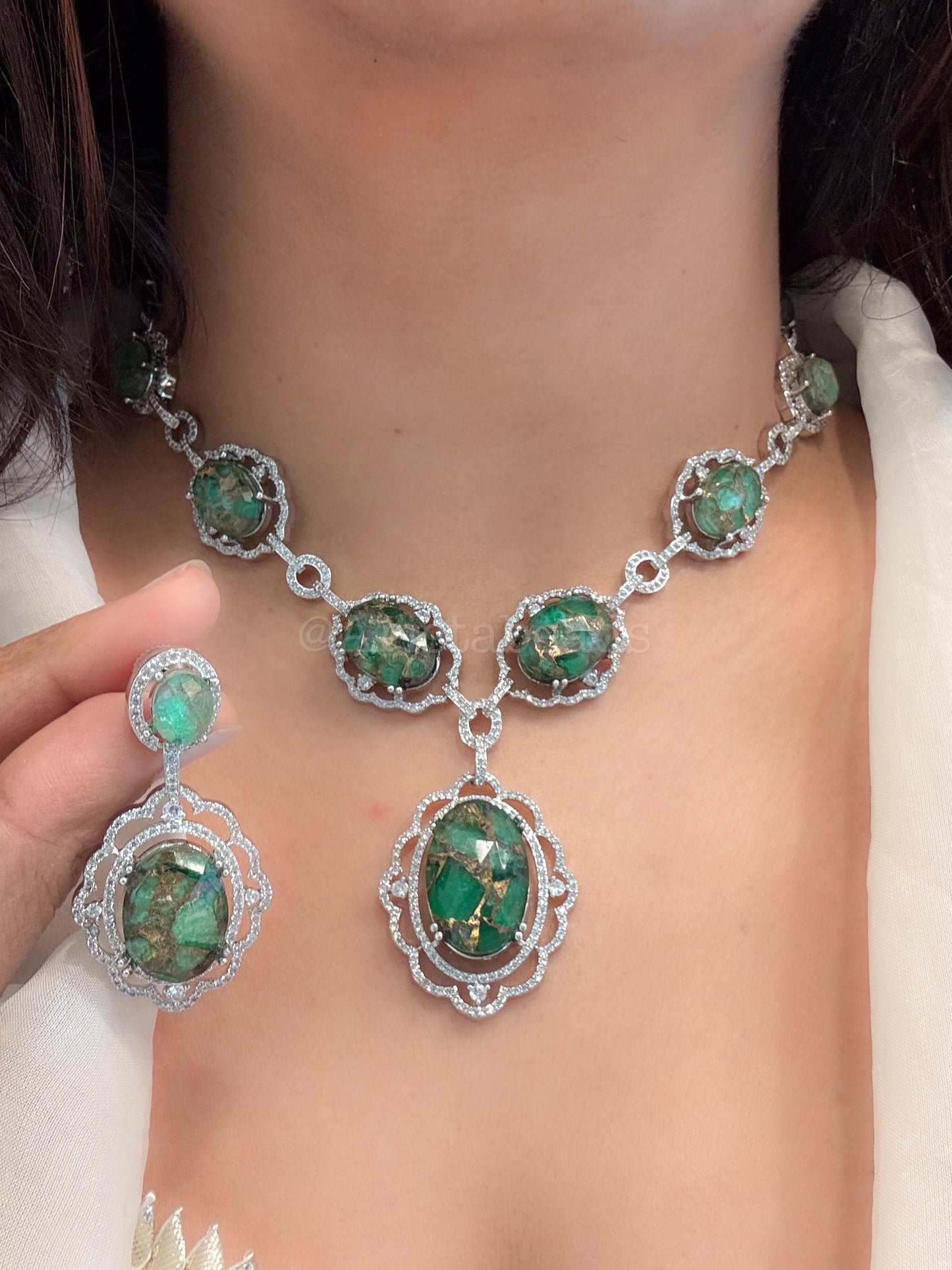 Amreen CZ & Mosaic Green Doublet Necklace Set