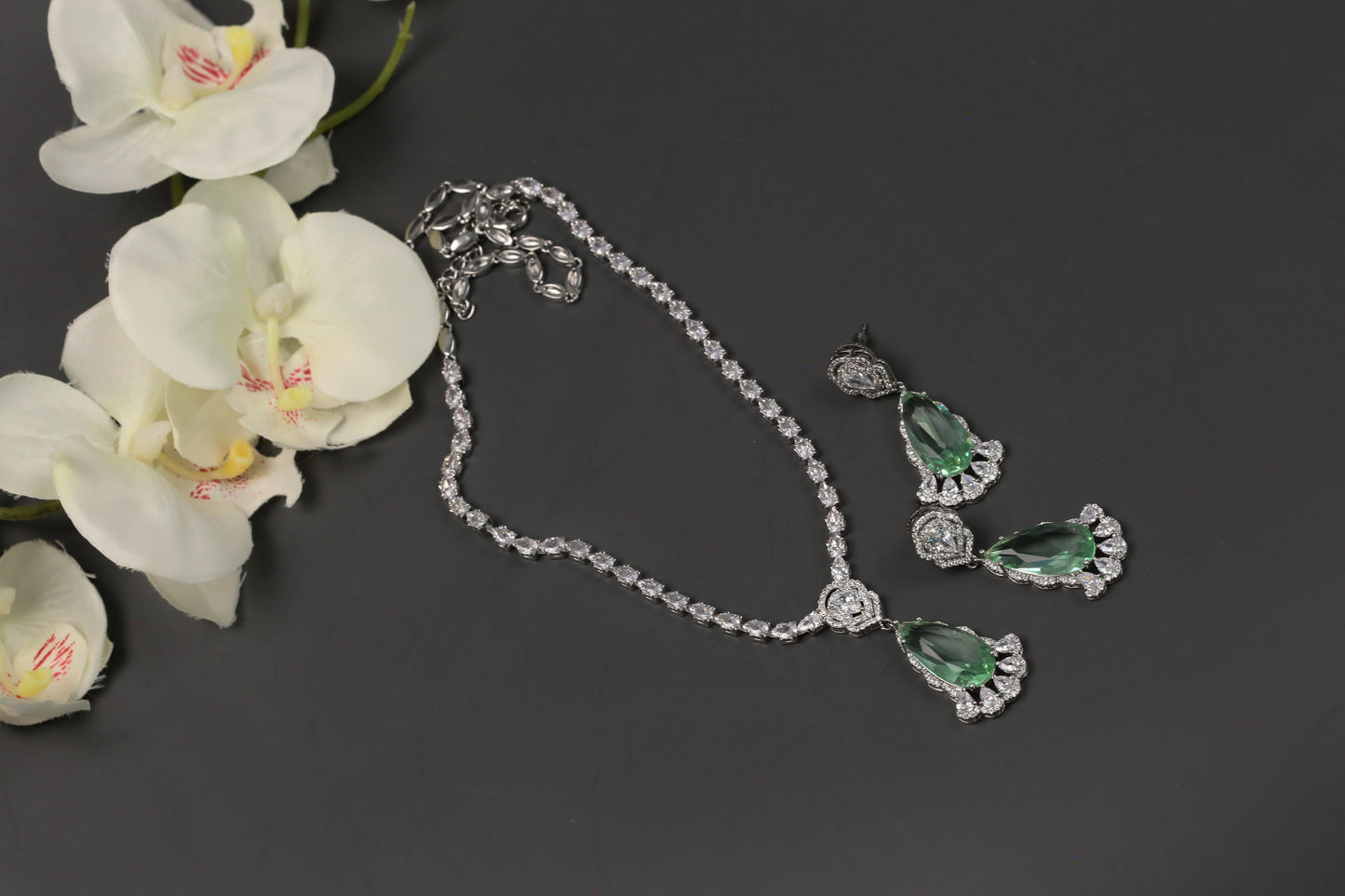 Dhara Solitaire style CZ Necklace Set - Mint