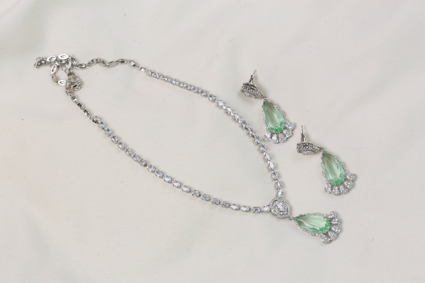Dhara Solitaire style CZ Necklace Set - Mint