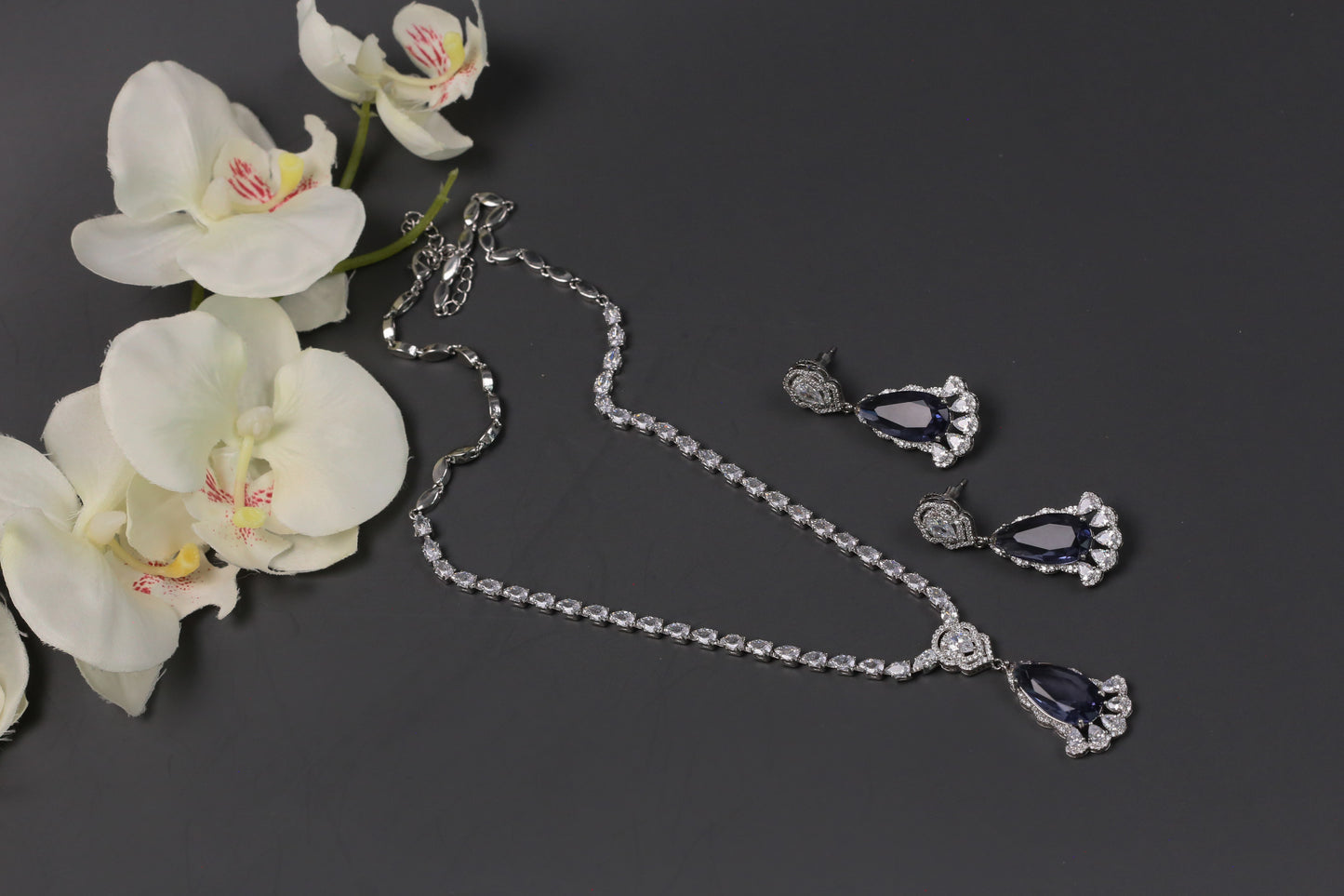 Dhara Solitaire style CZ Necklace Set - Aqua Blue