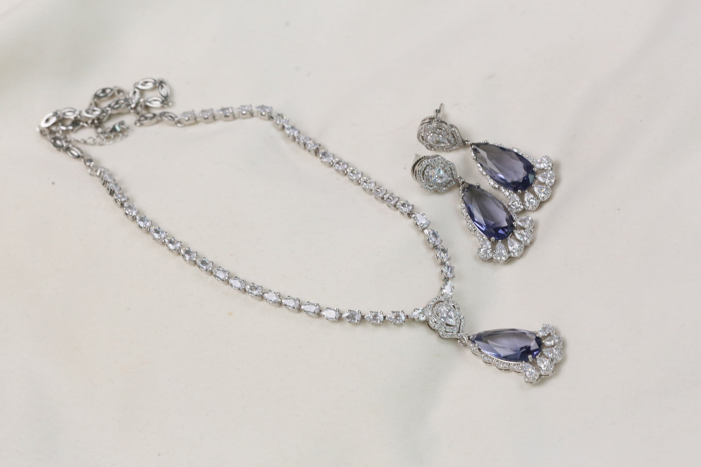 Dhara Solitaire style CZ Necklace Set - Aqua Blue
