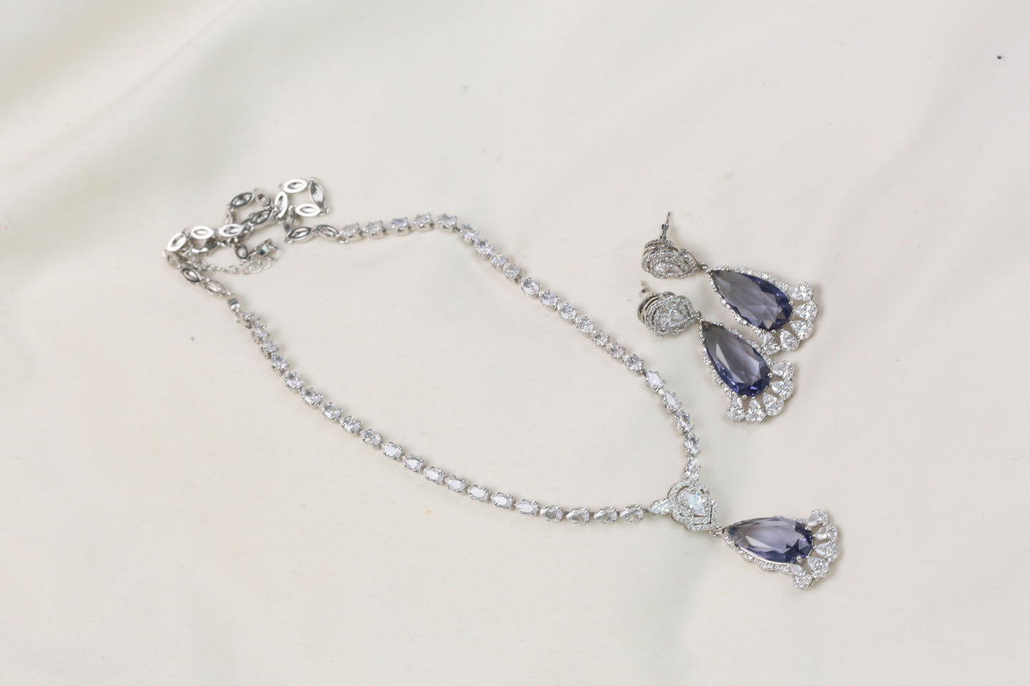 Dhara Solitaire style CZ Necklace Set - Aqua Blue