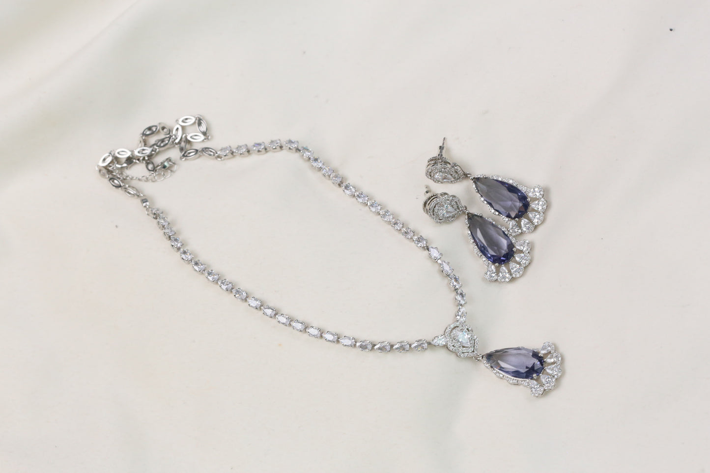 Dhara Solitaire style CZ Necklace Set - Aqua Blue