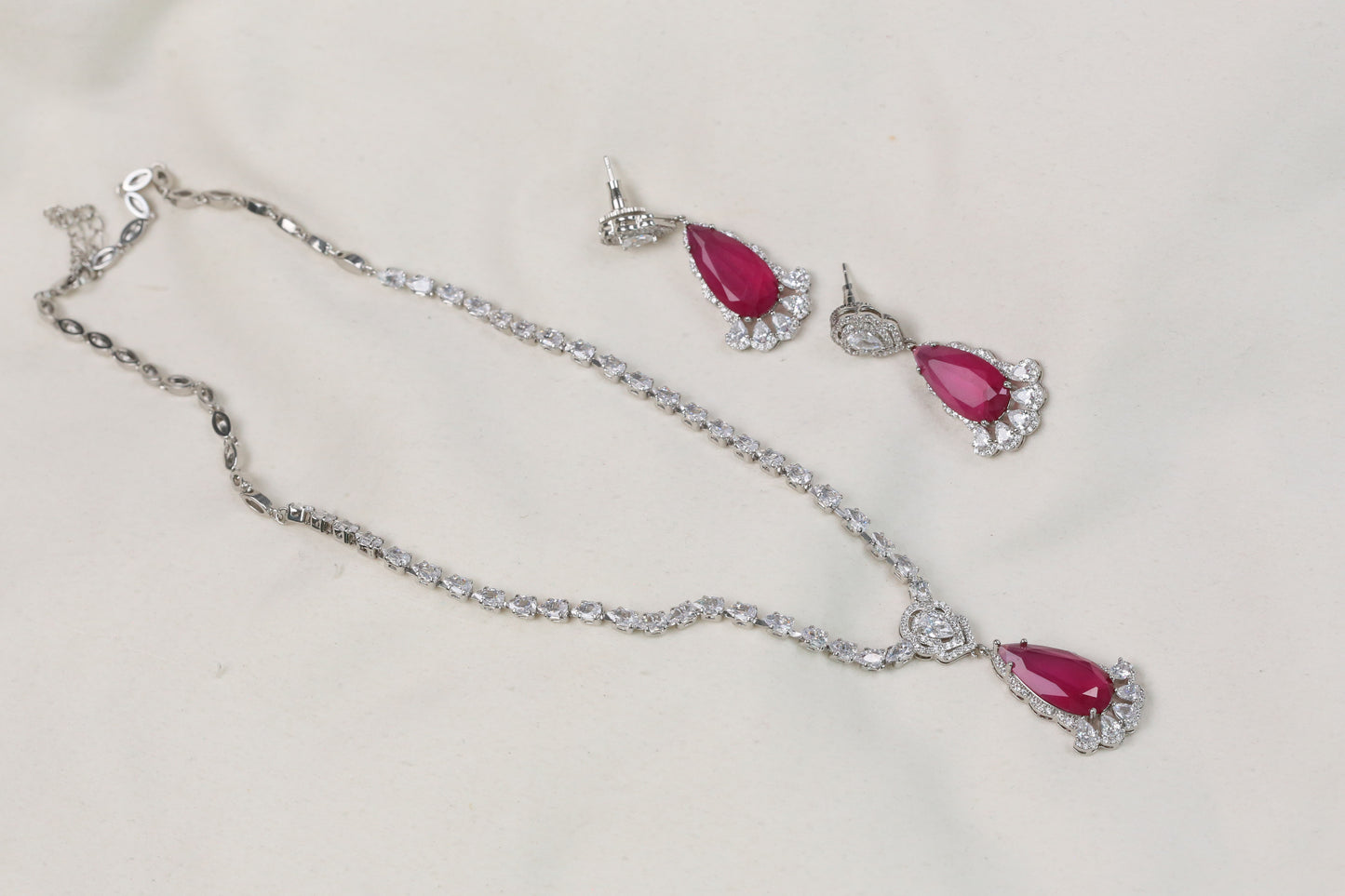 Dhara Solitaire style CZ Necklace Set - Ruby Pink